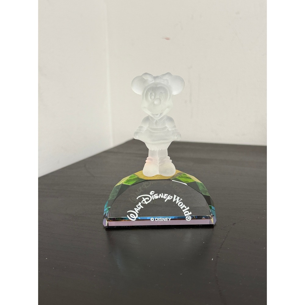 Walt Disney World Minnie Mouse Frosted Glass Figurine Iridescent Crystal Base